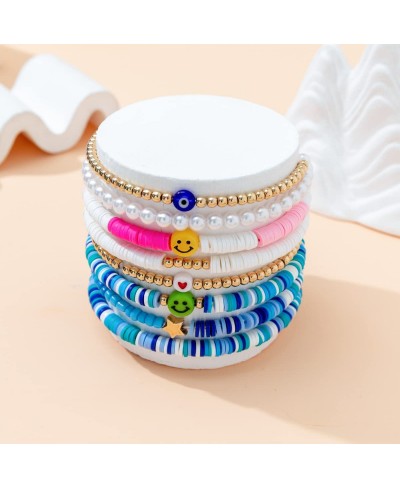 Y2K Bracelet Preppy Heishi Surfer Bracelets for Women Preppy Beaded Bracelet Colorful Smiley Face Clay Stackable Bracelet Boh...