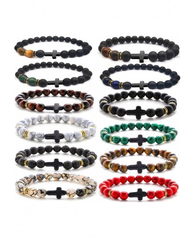 12 Pcs 8MM Beads Bracelet for Men Women Lava Rock Tiger Eye Stone Howlite Stone Stretch Elastic Bracelet Set $19.37 Stretch