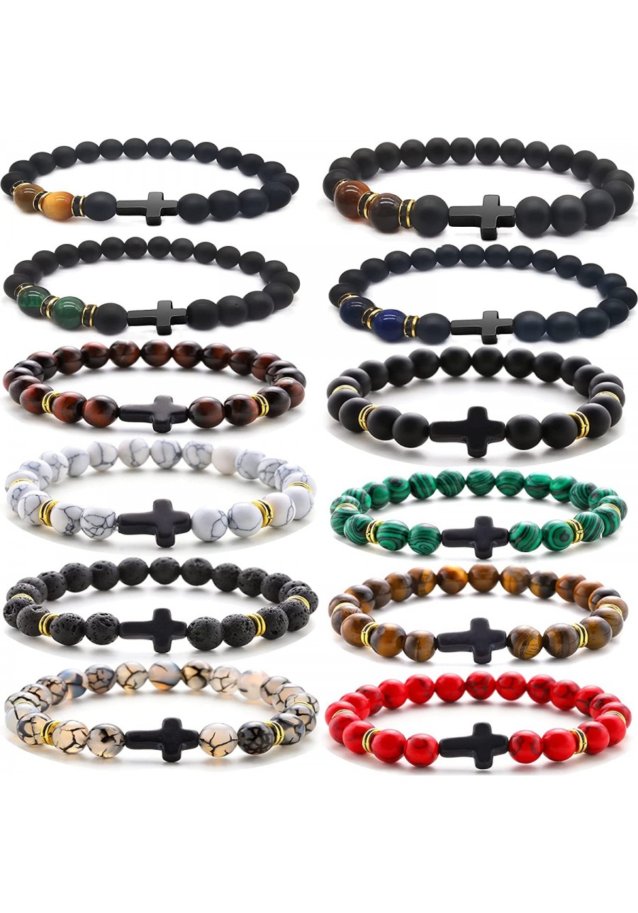 12 Pcs 8MM Beads Bracelet for Men Women Lava Rock Tiger Eye Stone Howlite Stone Stretch Elastic Bracelet Set $19.37 Stretch