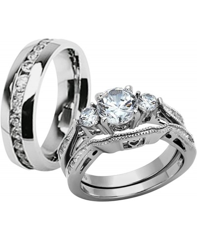 Hers & His Stainless Steel 3 Piece Cz Wedding Ring Set and Eternity Wedding Band $33.71 Bridal Sets