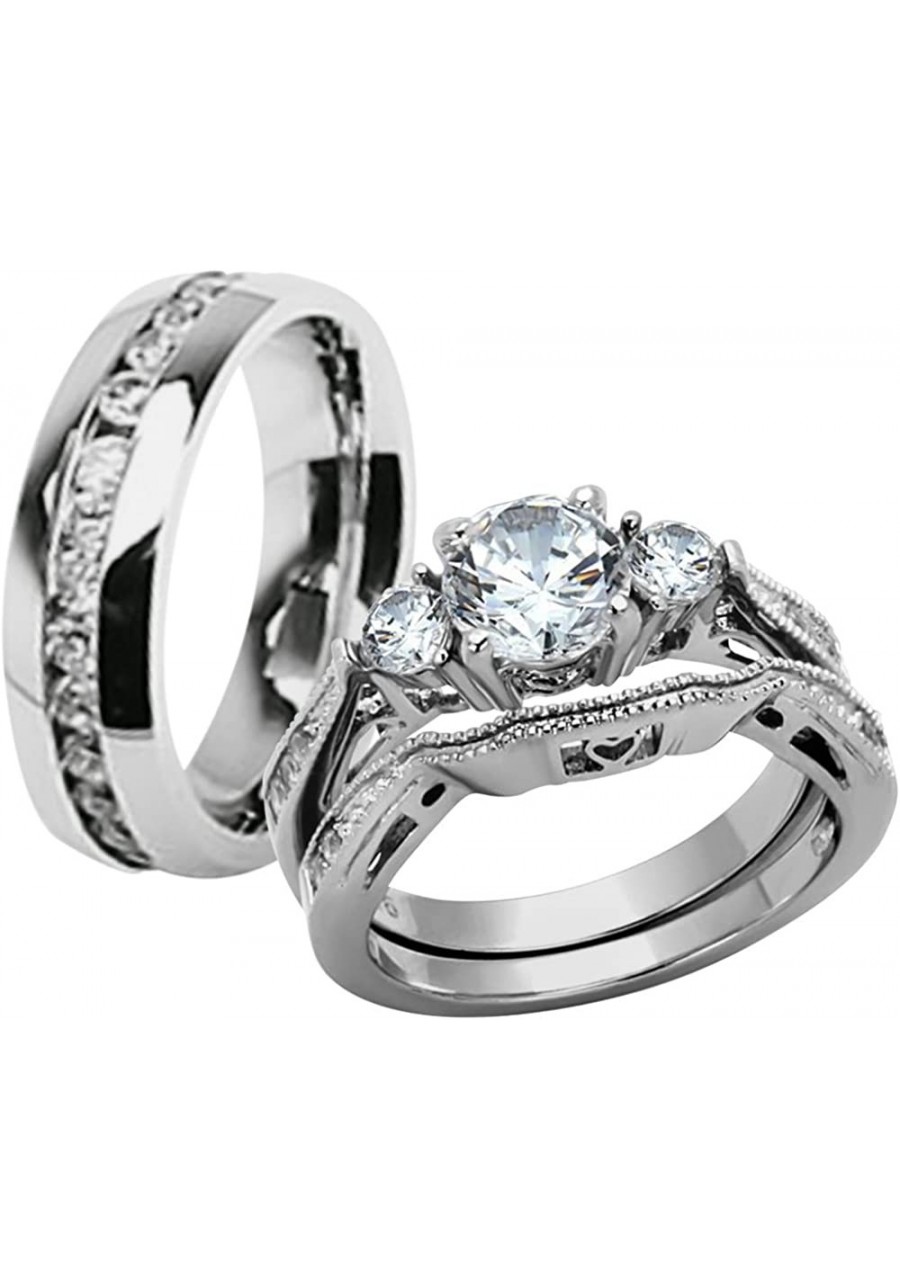 Hers & His Stainless Steel 3 Piece Cz Wedding Ring Set and Eternity Wedding Band $33.71 Bridal Sets