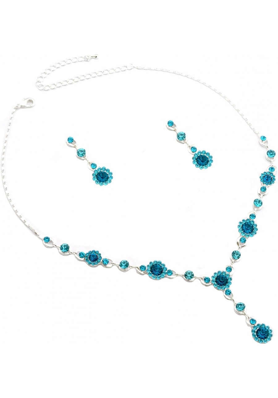 Silver Aqua Rhinestone Flower and Aqua Rhinestone T Necklace with Matching Dangle Earrings Set $14.05 Jewelry Sets