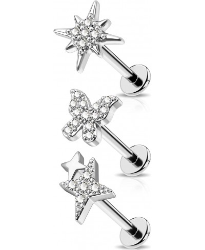 3Pcs Labret Jewelry 16G Butterfly Internally Threaded Lip Rings Helix Earrings Star Clear CZ Surgical Steel 316L Tragus Pierc...