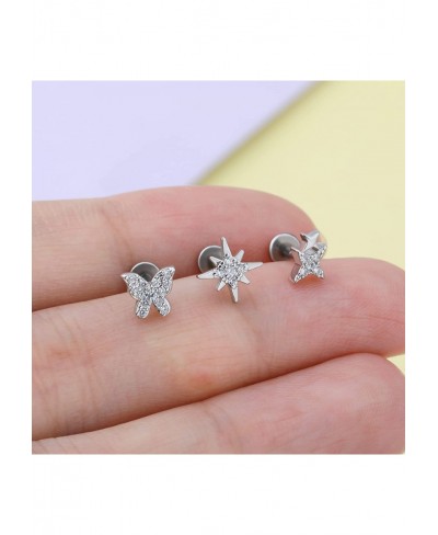 3Pcs Labret Jewelry 16G Butterfly Internally Threaded Lip Rings Helix Earrings Star Clear CZ Surgical Steel 316L Tragus Pierc...