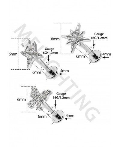 3Pcs Labret Jewelry 16G Butterfly Internally Threaded Lip Rings Helix Earrings Star Clear CZ Surgical Steel 316L Tragus Pierc...