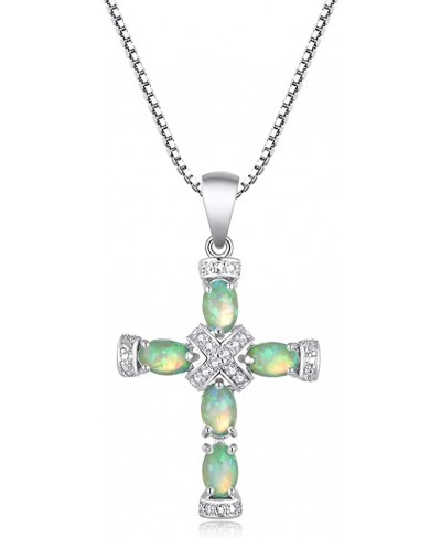 Gold Plated Box Chain Necklace Fire Opal Prong Setting Birthstone Cross Pendant $22.86 Pendant Necklaces