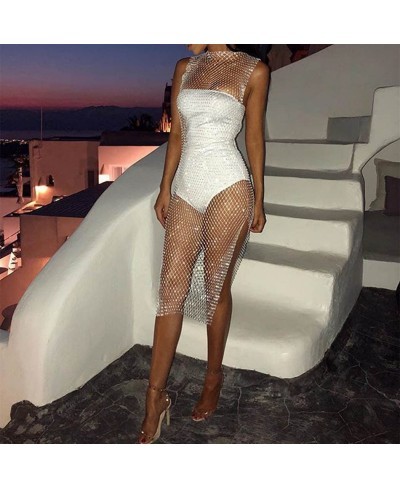 Rhinestone Mesh Body Chain Crystal Mesh Dress Fishnet Hollow Out Dress Sparkly See Through Coverups for Women and Girls(White...