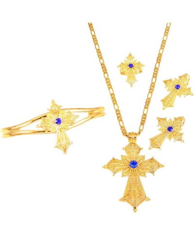 Ethiopian Stone Color Cross Jewelry Set Gold Color Necklace Earrings Ring Bangle $14.25 Jewelry Sets