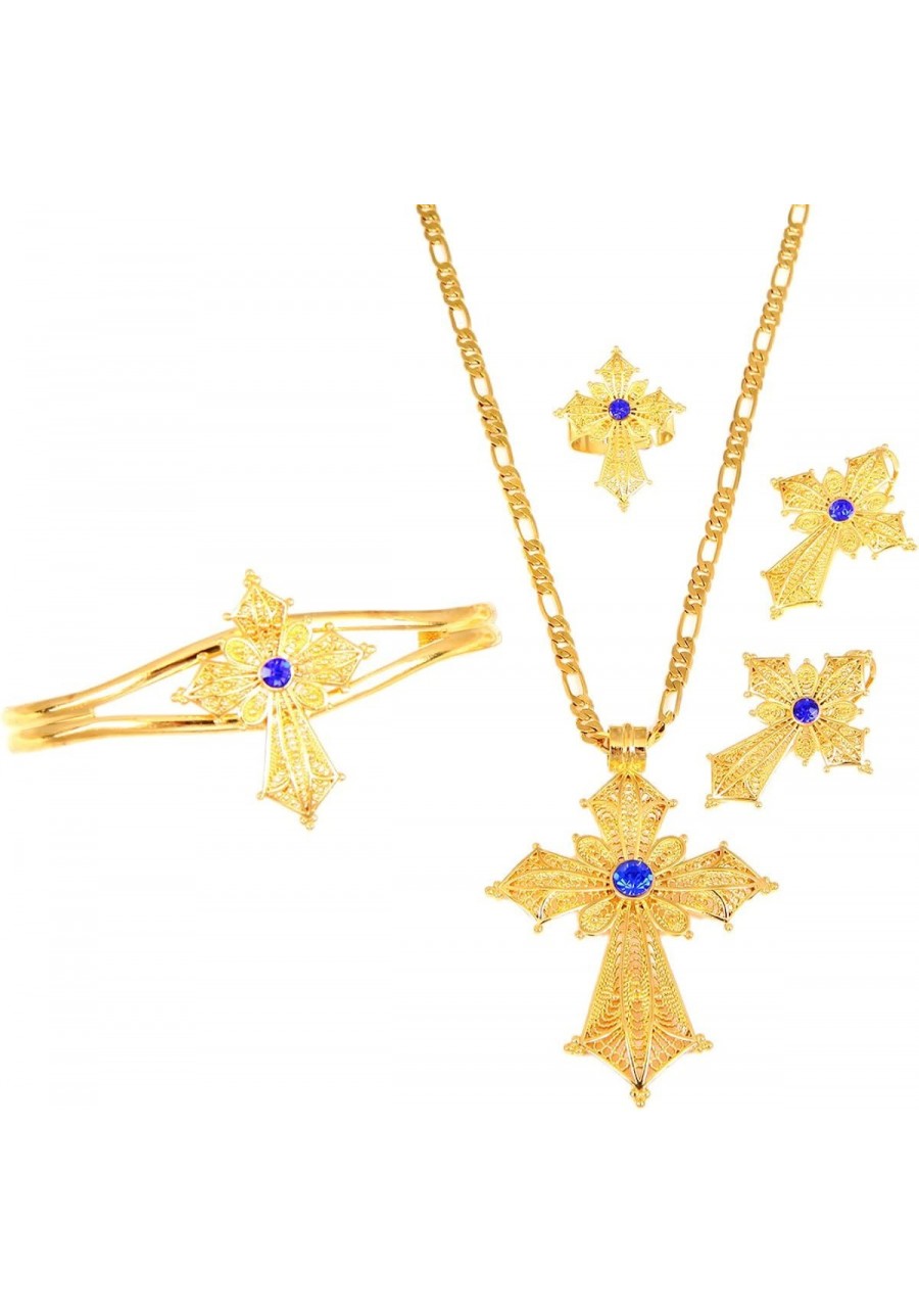 Ethiopian Stone Color Cross Jewelry Set Gold Color Necklace Earrings Ring Bangle $14.25 Jewelry Sets