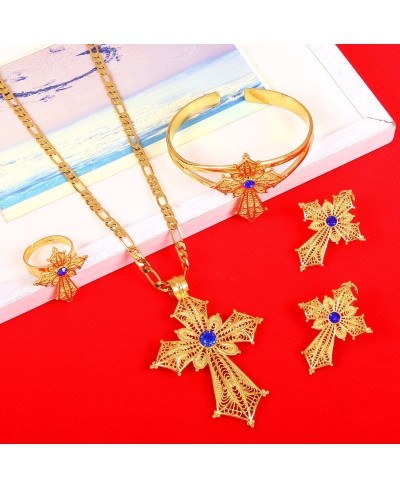 Ethiopian Stone Color Cross Jewelry Set Gold Color Necklace Earrings Ring Bangle $14.25 Jewelry Sets