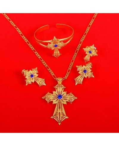 Ethiopian Stone Color Cross Jewelry Set Gold Color Necklace Earrings Ring Bangle $14.25 Jewelry Sets