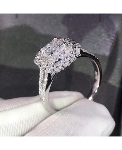 S925 Sterling Silver Shiny Full Diamond Engagement Ring Women Exquisite Princess Cut Cubic Zirconia Ring Eternal Diamond Wedd...