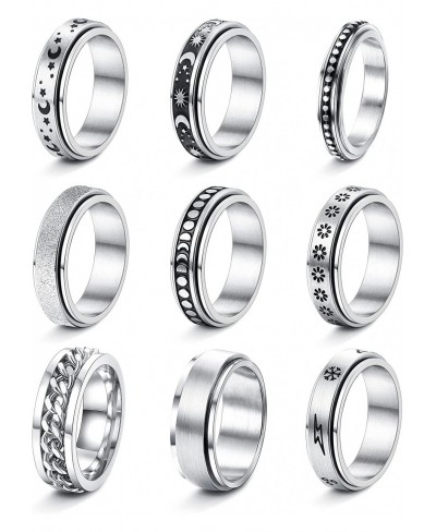 9Pcs Fidget Ring Stainless Steel Anxiety Rings for Women Moon Star Flower Sand Blast Finish Spinner Ring for Stress Relieving...