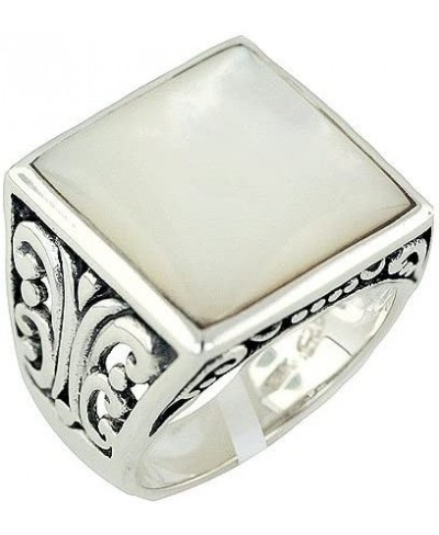 Nickle Free .925 Sterling Silver Gemstone Square Mother-of-Pearl Oxidized Filigree 3mm Band Ring Size 8 $27.71 Bands