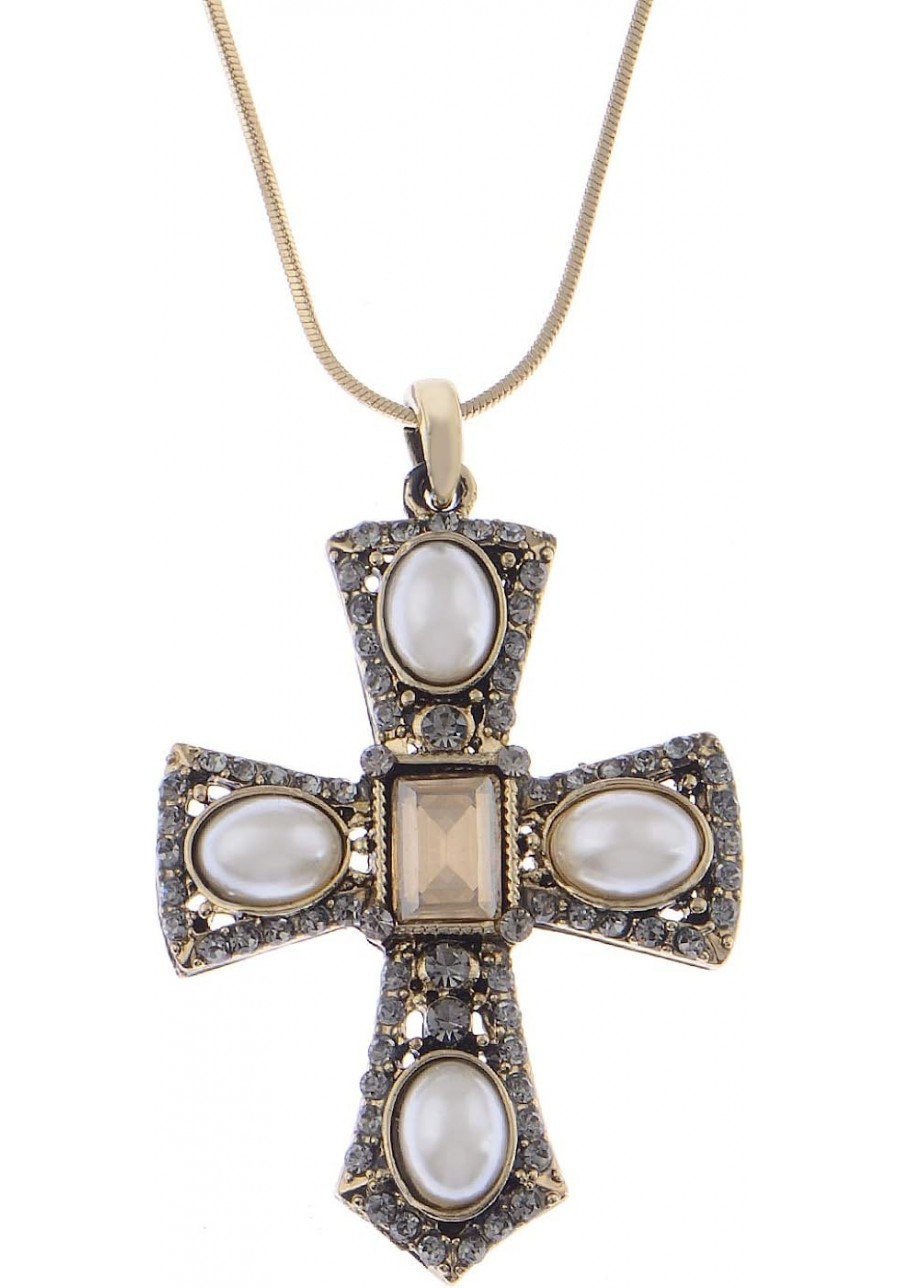 Women's Antique Gold Toned Faux Pearl Gray Topaz Crystals Faith Cross Pendant Necklace $22.55 Pendant Necklaces