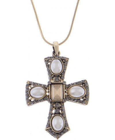 Women's Antique Gold Toned Faux Pearl Gray Topaz Crystals Faith Cross Pendant Necklace $22.55 Pendant Necklaces