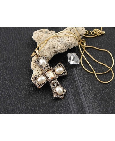 Women's Antique Gold Toned Faux Pearl Gray Topaz Crystals Faith Cross Pendant Necklace $22.55 Pendant Necklaces