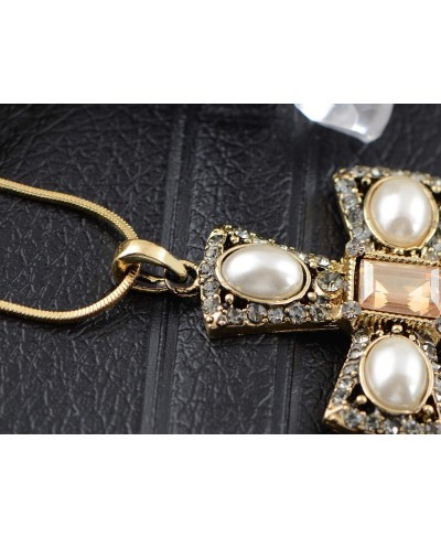 Women's Antique Gold Toned Faux Pearl Gray Topaz Crystals Faith Cross Pendant Necklace $22.55 Pendant Necklaces