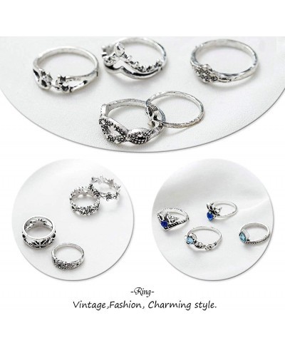 Vintage Flower Rings Set Silver Crystal Stackable Ring Crown Horse Finger Rings Set Hand Jewelry Accessories for Women and Gi...