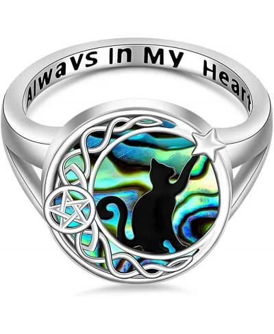 Cat Sterling Silver Ring Black Cat on Celtic Knot Moon Matching Thumb Couple Cat Engagement Rings for Women Abalone Cute Anim...