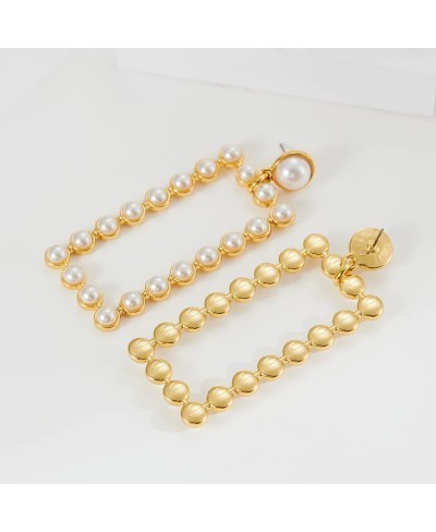 Women's Pearl Earrings 14K Real Gold Plated Rectangle Geometric Drop Earrings Pearl Dangle Earrings $15.47 Drop & Dangle