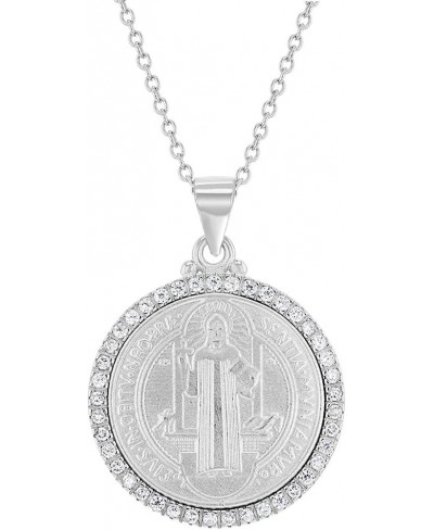 925 Sterling Silver Clear Cubic Zirconia Saint Benedict Medallion 18" Necklace for Young Girls & Teens - Religious Shiny CZ S...