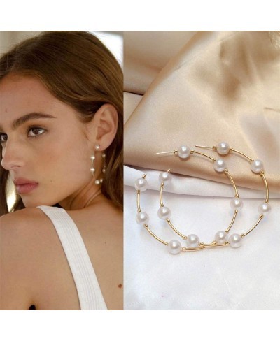 Bridal Pearl Hoop Earrings Vintage Large Round Loop Earrings Wedding Prom Party Festival Jewelry for Women and Girls $8.85 Hoop