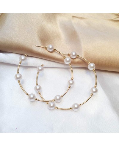 Bridal Pearl Hoop Earrings Vintage Large Round Loop Earrings Wedding Prom Party Festival Jewelry for Women and Girls $8.85 Hoop