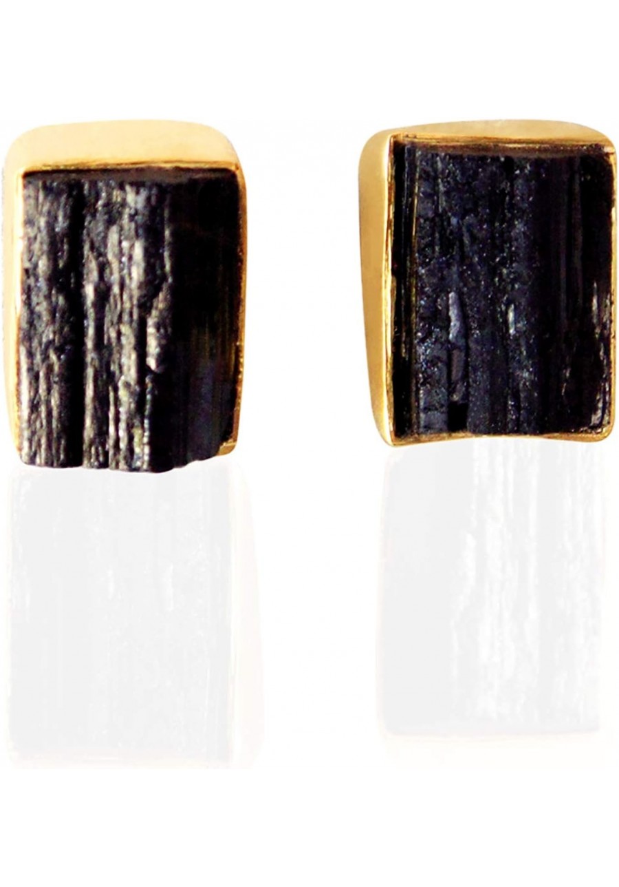 Bezel Set Black Tourmaline Stud Earrings Handmade Rough Gemstone Jewelry $18.77 Stud