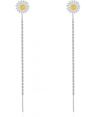 Daisy Flower Earrings Silver Chain Link Dangle Double Piercing Threader Pull Through Earrings $13.76 Drop & Dangle