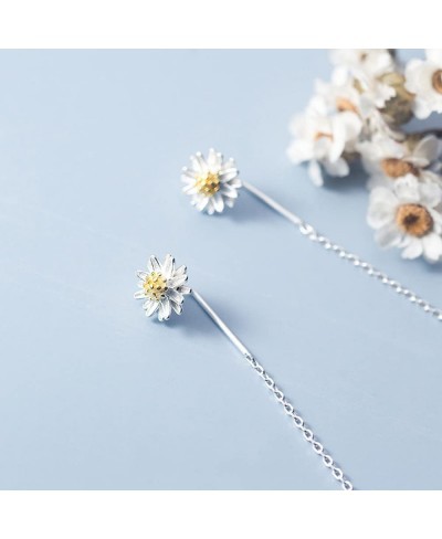 Daisy Flower Earrings Silver Chain Link Dangle Double Piercing Threader Pull Through Earrings $13.76 Drop & Dangle