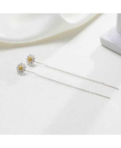 Daisy Flower Earrings Silver Chain Link Dangle Double Piercing Threader Pull Through Earrings $13.76 Drop & Dangle