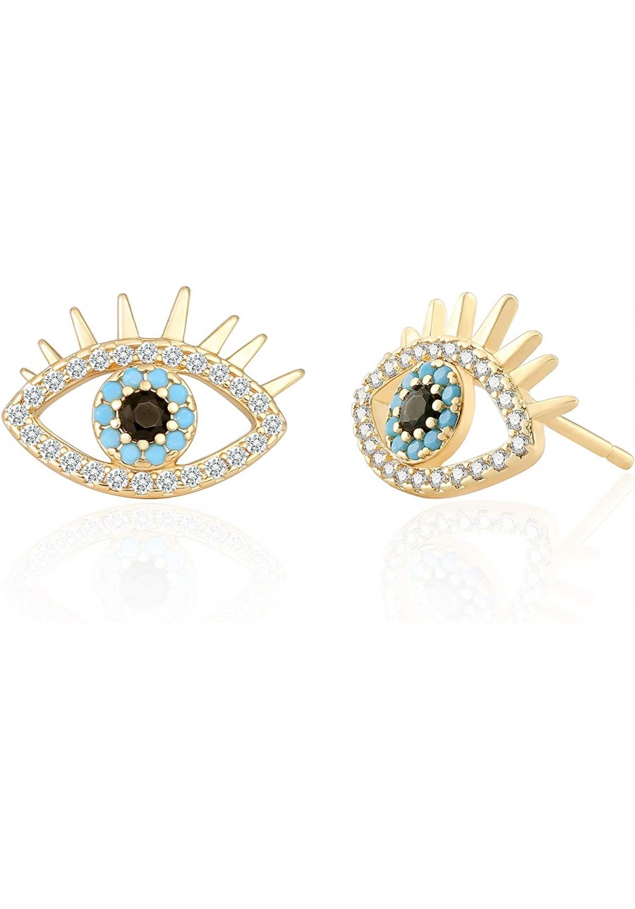 18K Gold Evil Eye Stud Earrings Dainty Micro-inlaid Cubic Zirconia Earring for Women Handmade Post Jewelry Fashion Blue Gemst...