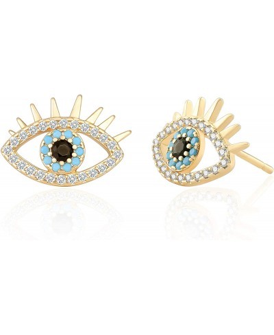 18K Gold Evil Eye Stud Earrings Dainty Micro-inlaid Cubic Zirconia Earring for Women Handmade Post Jewelry Fashion Blue Gemst...