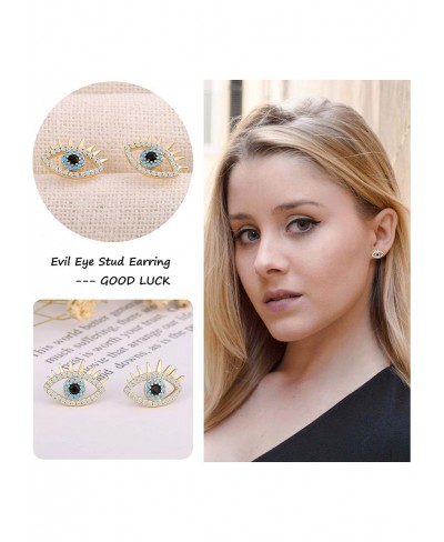 18K Gold Evil Eye Stud Earrings Dainty Micro-inlaid Cubic Zirconia Earring for Women Handmade Post Jewelry Fashion Blue Gemst...