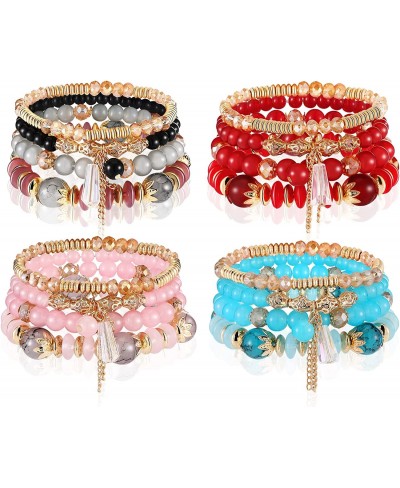 4 Pcs Bohemian Stretch Beads Bracelets Stackable Crystal Beads Bracelet Colorful Multilayered Bracelets for Teen Girls Women ...