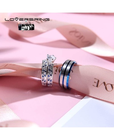 Two Rings Wedding Ring Sets His and Hers Promise Ring Couples Bridal Sets Women 925 Sterling Silver Heart Cz Man Brushed Fini...