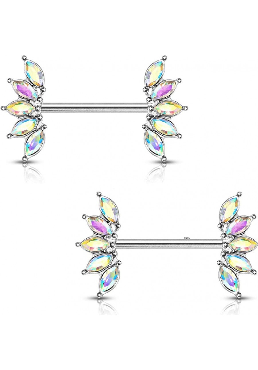 14GA 316L Stainless Steel Crystal Marquise Fan Ends Nipple Barbells Sold as A Pair $17.77 Piercing Jewelry