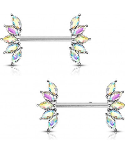 14GA 316L Stainless Steel Crystal Marquise Fan Ends Nipple Barbells Sold as A Pair $17.77 Piercing Jewelry