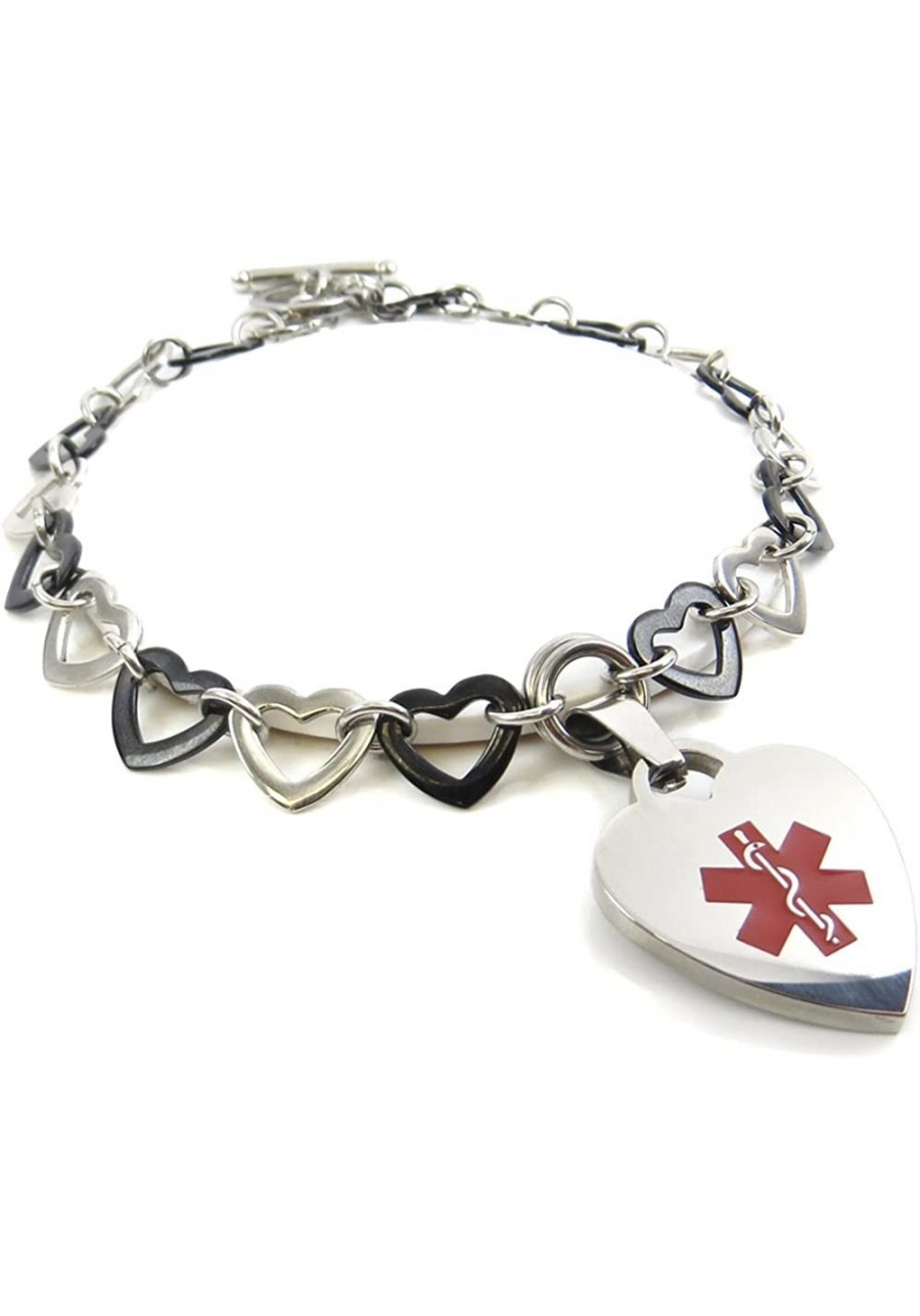 Pre-Engraved & Customized Women's Cancer Patient Toggle Medical Charm Bracelet Black & Steel Hearts Red $44.96 Identification