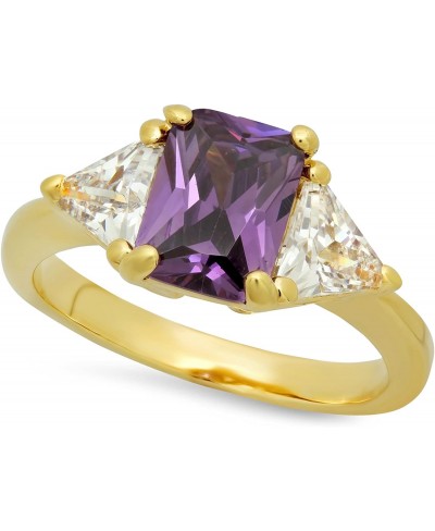 Gold Plated Emerald-Cut Violet Purple CZ Three-Stone Ring + Microfiber Cloth $18.19 Engagement Rings