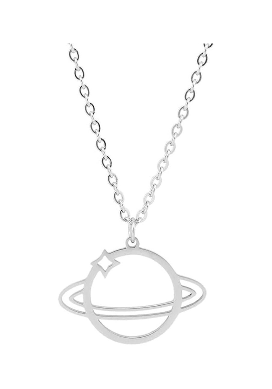 Silver Plated Planet Saturn Pendant Necklace for Women Girls Men Stainless Steel Moon Star Adjustable Long Chain Hypoallergen...