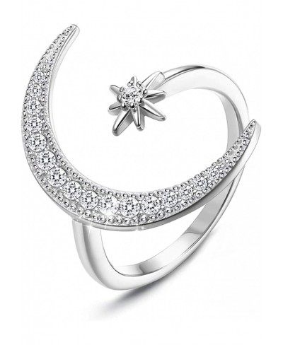 Sterling Silver Moon Rings for women Adjustable Platinum Plated 5A Cubic Zirconia Crescent Moon Star Rings $16.61 Statement