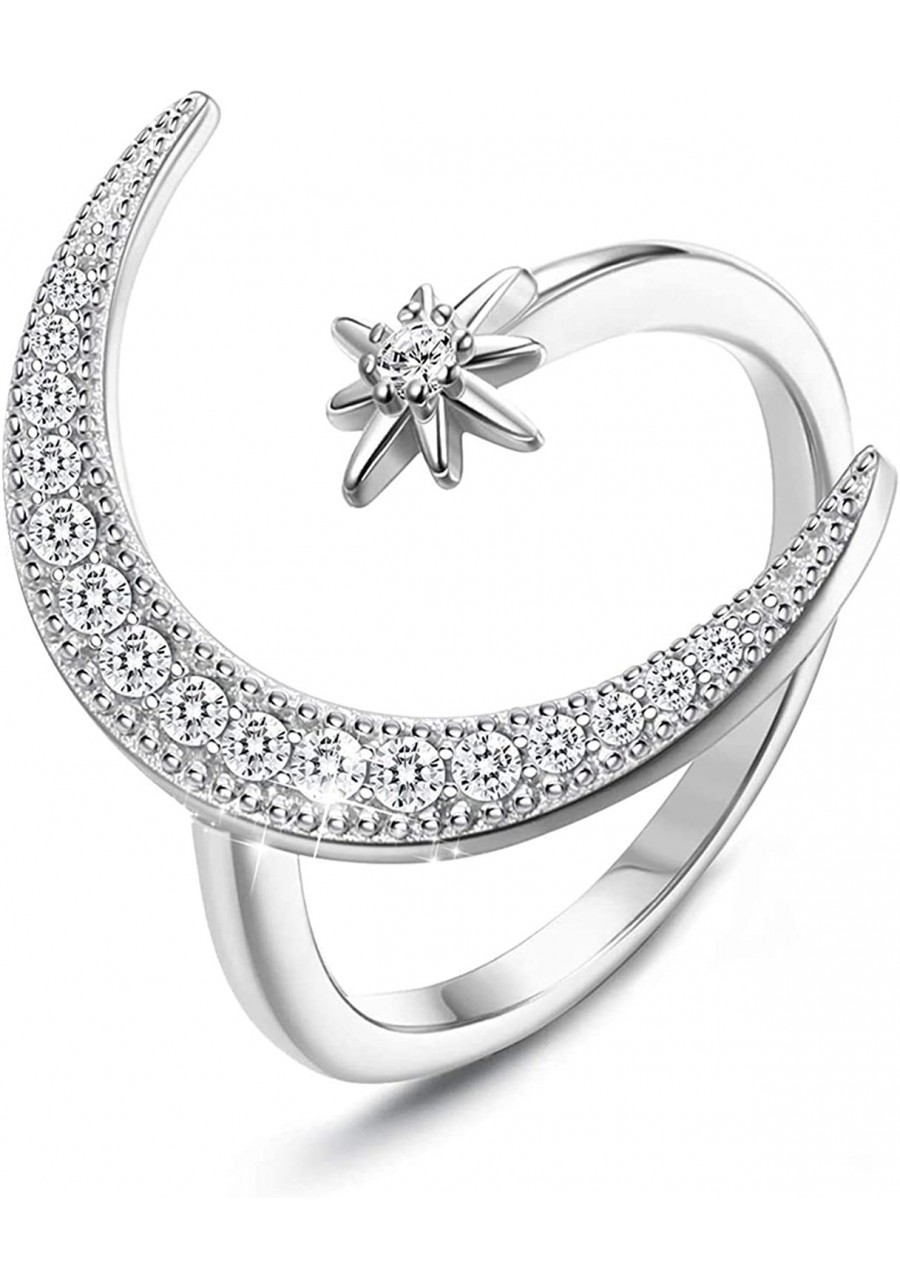 Sterling Silver Moon Rings for women Adjustable Platinum Plated 5A Cubic Zirconia Crescent Moon Star Rings $16.61 Statement