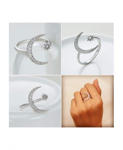 Sterling Silver Moon Rings for women Adjustable Platinum Plated 5A Cubic Zirconia Crescent Moon Star Rings $16.61 Statement