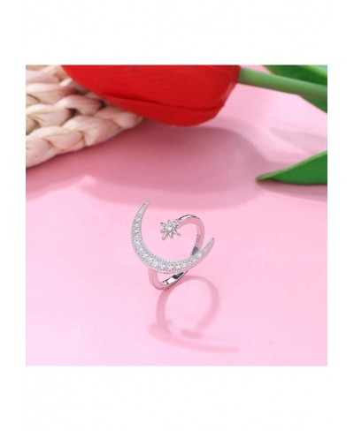 Sterling Silver Moon Rings for women Adjustable Platinum Plated 5A Cubic Zirconia Crescent Moon Star Rings $16.61 Statement