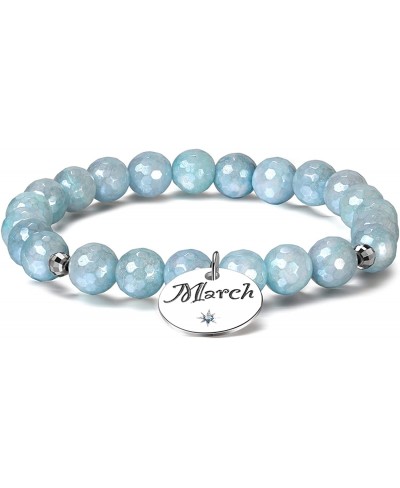 March Birthstone Bracelet Faceted Natural Aquamarine Beads Bracelet with Sterling Silver Little Beads Stretch Bracelets for M...