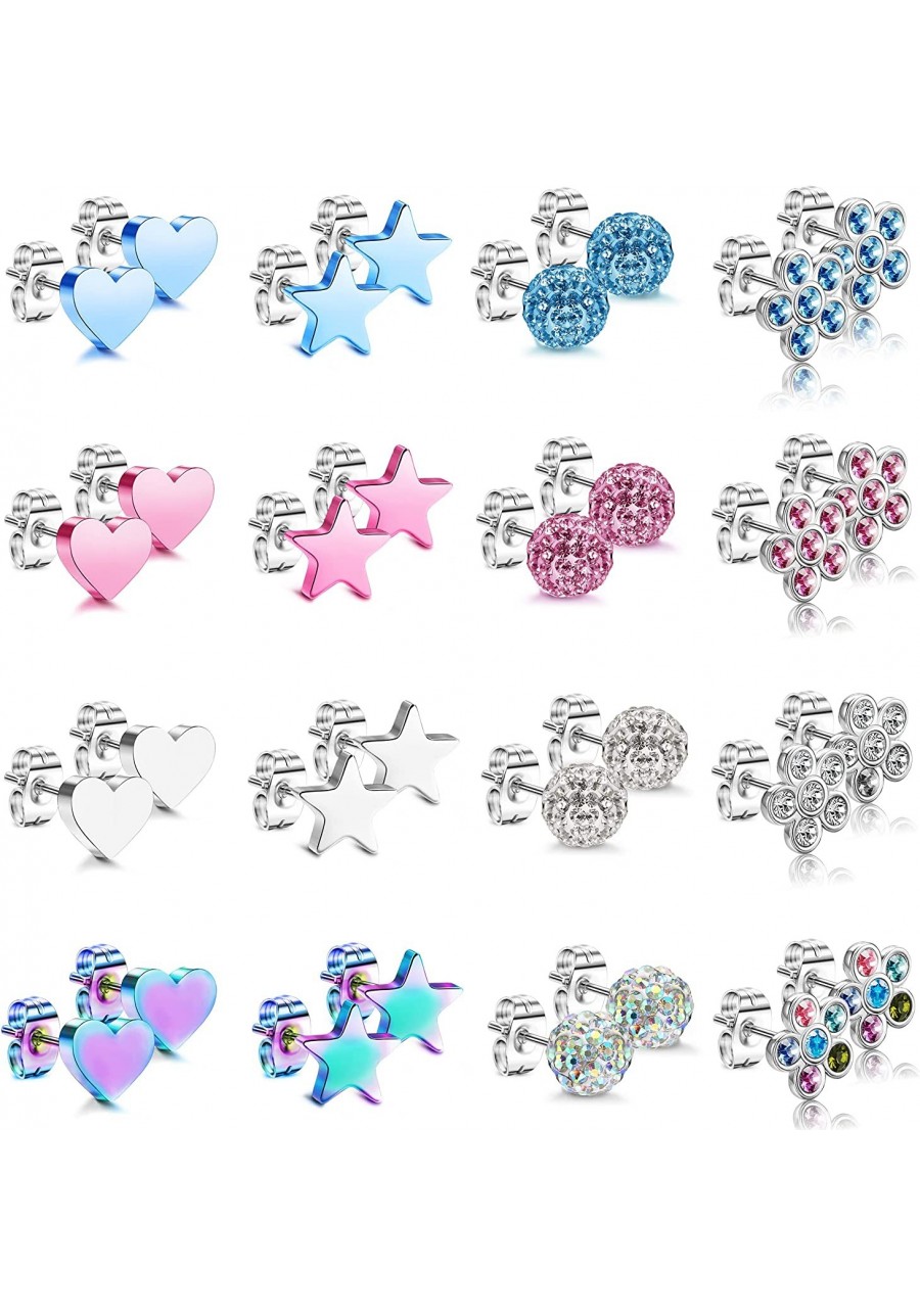 16 Pairs Stainless Steel Stud Earrings for Women Colorful CZ Heart Star Flowers Shape Earrings Ball Screwback Earrings Cartil...