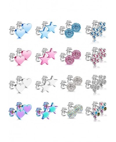 16 Pairs Stainless Steel Stud Earrings for Women Colorful CZ Heart Star Flowers Shape Earrings Ball Screwback Earrings Cartil...