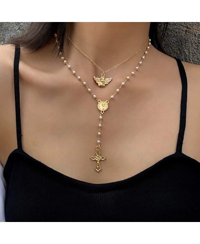 Boho Layered Necklaces Chain Gold Cross Pendant Necklace Coin Angel Necklaces Pearls Y Shape Necklace Jewelry for Women and G...